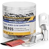 Haisstronica 10pcs 1/0 AWG - 5/16"(M8) Tinned Copper Battery Lugs,Heavy Duty Copper Wire Lugs with 10pcs 3:1 Adhesive Heat Shrink Tubing, 0 Gauge Wire Lugs, Tinned Copper Battery Cable Ends