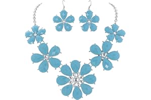 Firstmeet Shiny Flower Statement Collar Necklace with Earrings