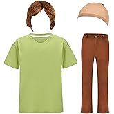 HMPRT Halloween Deluxe Adult Costume for Men, Brown Wig, Green T-Shirt and Brown Pants