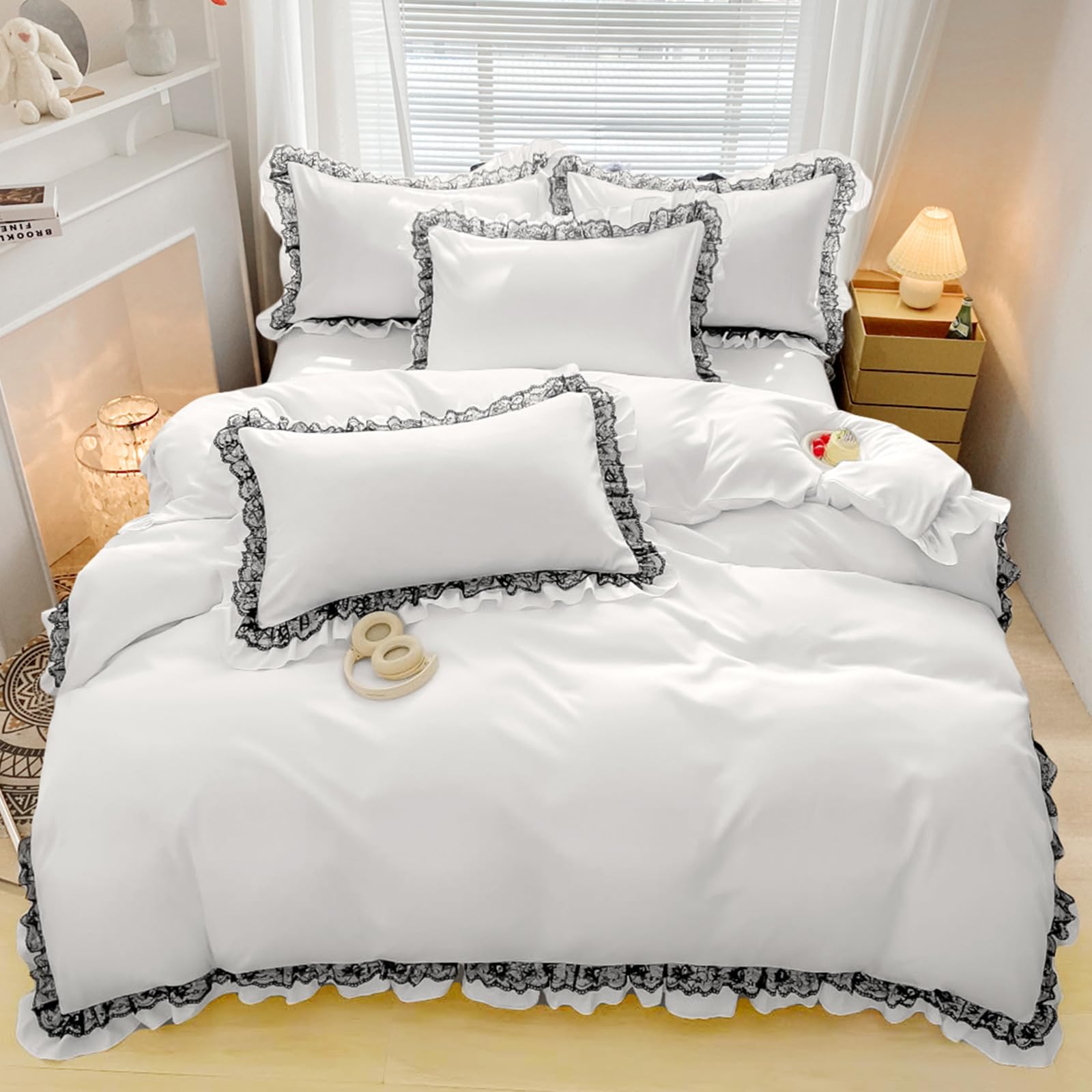 Ruffle Lace Duvet Cover Sets White Bedding Set for Girls Women 3 Pieces Double Soft Breathable Microfiber Duvet Cover 200 x 200 cm — image 1
