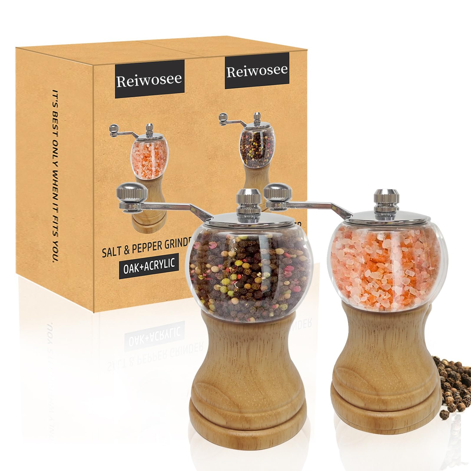 Salt and Pepper Grinder Set Pepper Mill, 2PCS 5in Classical Hand Salt and Pepper Grinder Set, Manual salt grinder Wood, Ep Material Acrylic, Ceramic Blades with Strong Adjustable Ceramic Grinders Set.