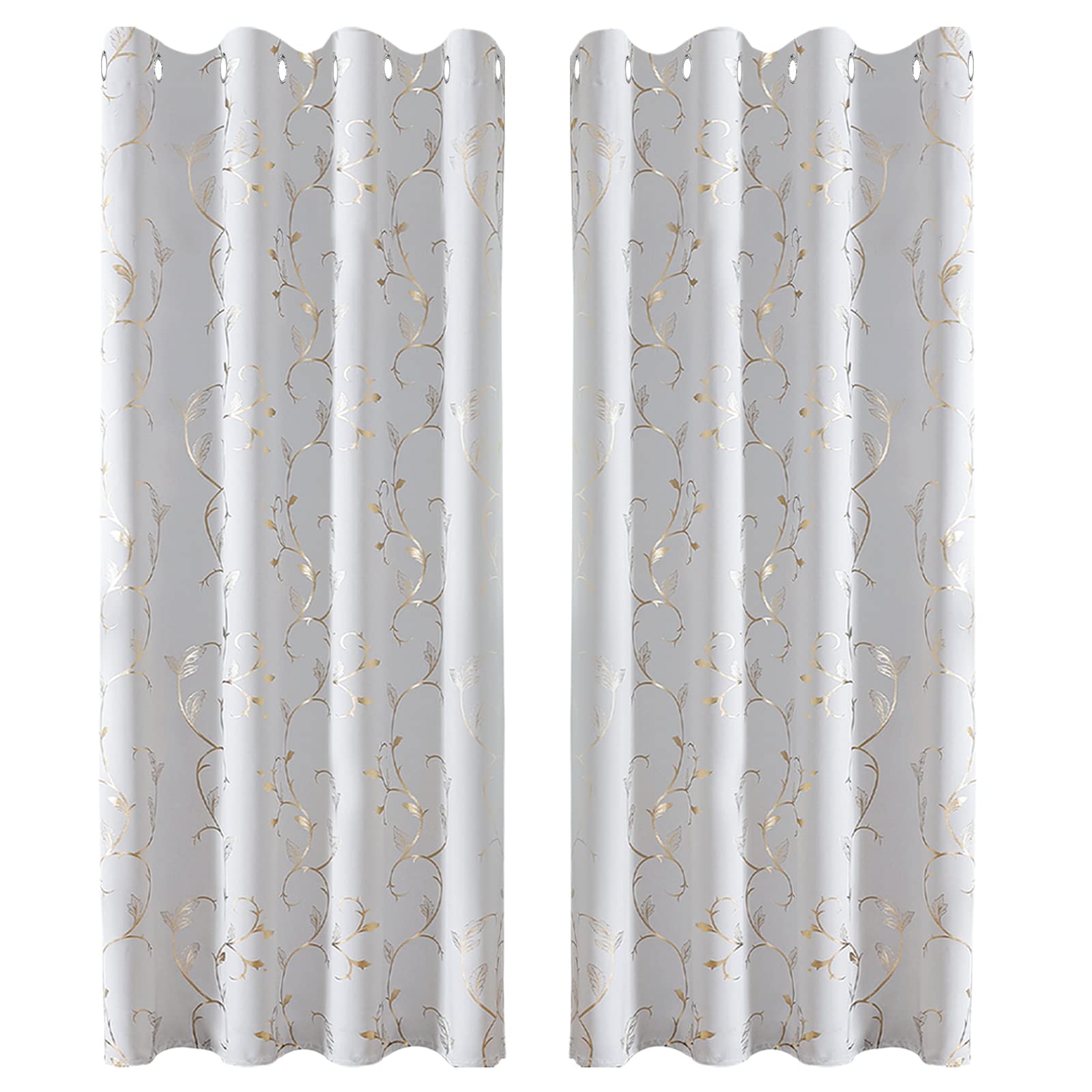 BUHUA Set of 2 Opaque Blackout Curtains with Eyelets for Bedroom Window Curtain with Gold Vine Pattern Print, H 229 x W 132 cm, Grey White — image 1