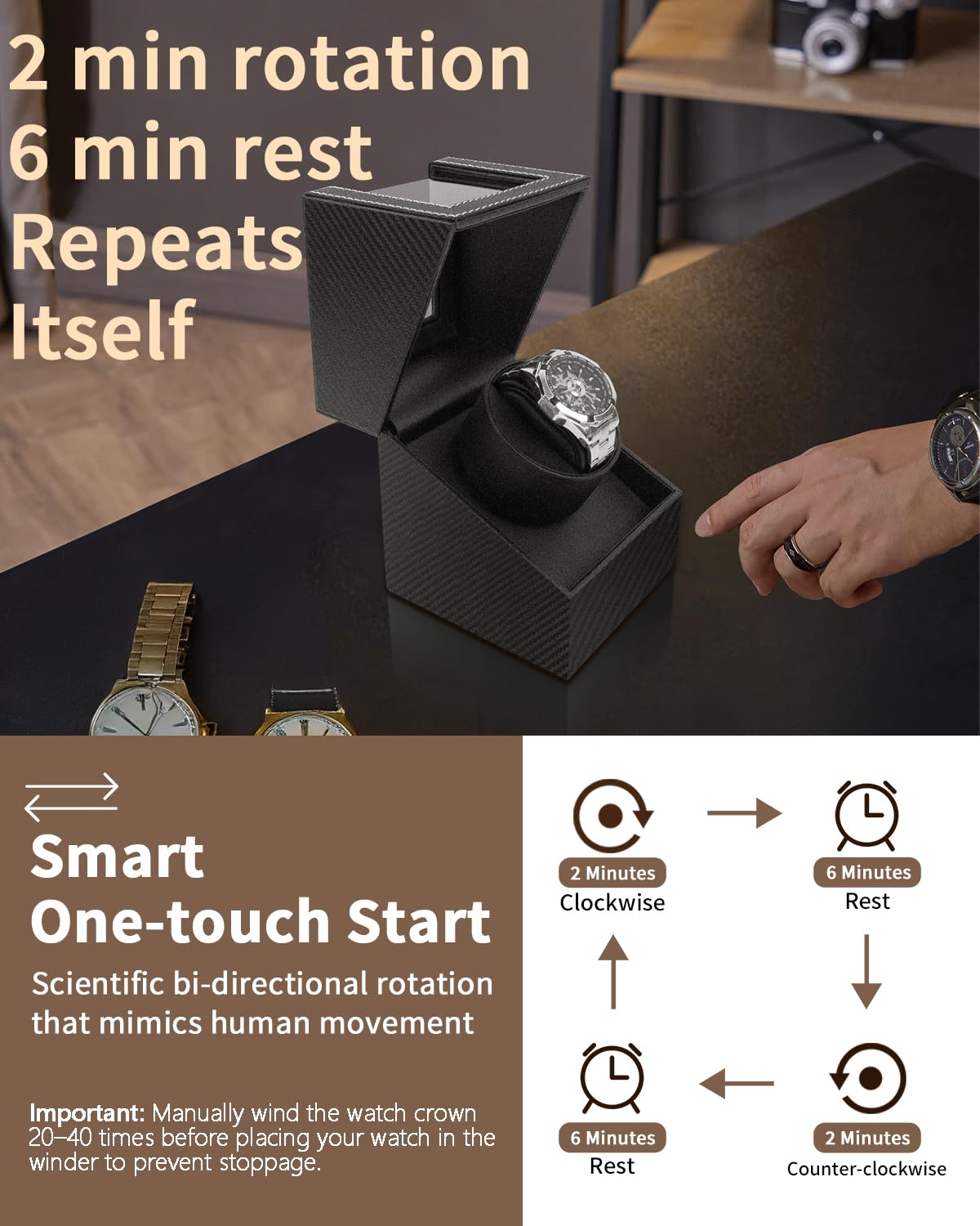 Watch Winder for Automatic Watches: Automatic Single Watch Winder Box, Rotating Watch Case in Black Carbon Fiber Leather, Watch Rotator with Japanese Quiet Motor, Battery Powered or AC Adapter