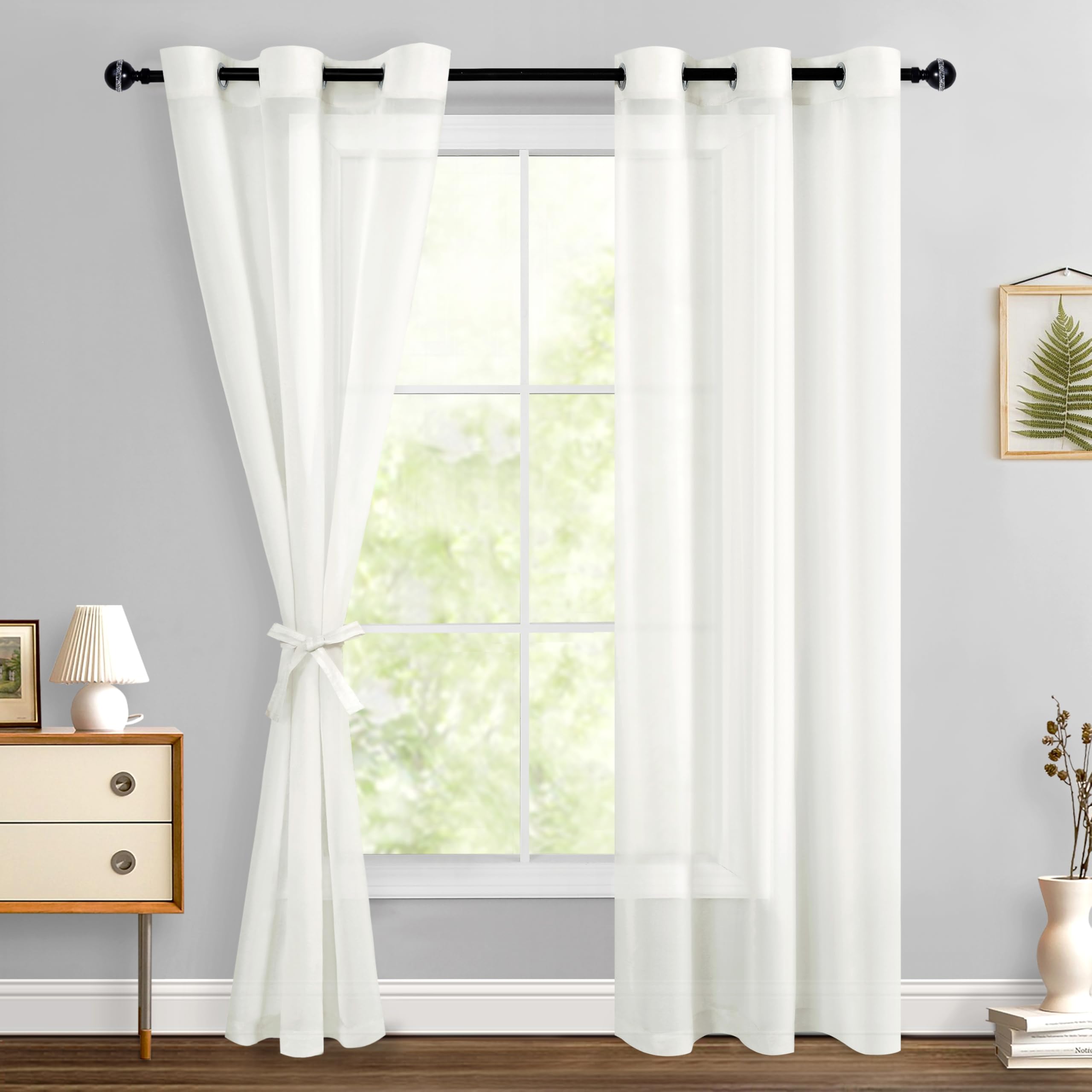 Hiasan Sheer Curtains for Living Room with Tiebacks, Grommet Top Light Filtering Airy Voile Drapes Lightweight Window Curtains for Bedroom, Nursery, Ivory, W42 x L90, Set of 2 Soft Textured Panels