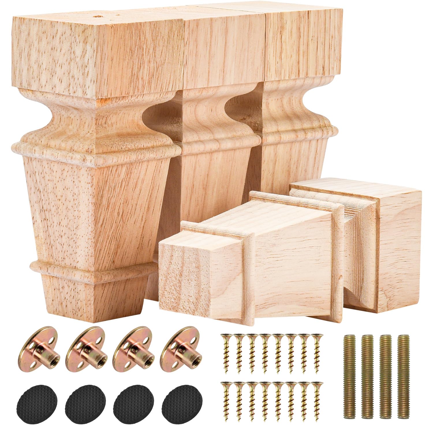 Btowin VCF 8 Inch / 20cm Wooden Furniture Legs, 4PCS Solid Wood Carved Geometry Sofa Legs Unfinished DIY Replacement Bun Feet with Mounting Plate &Screws for Cabinet Couch Chair Table TV Stand