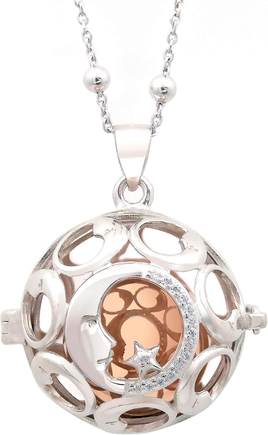 Collier Chiama Angeli avec un son doux, transmet la sérénité, pendentif avec étoiles et lune, fabriqué en argent massif et plaqué or blanc.