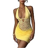SOLY HUX Women's Lace Halter Mini Dress Sexy Deep V Neck Sleeveless Backless Ruched Bodycon Club Party Dresses