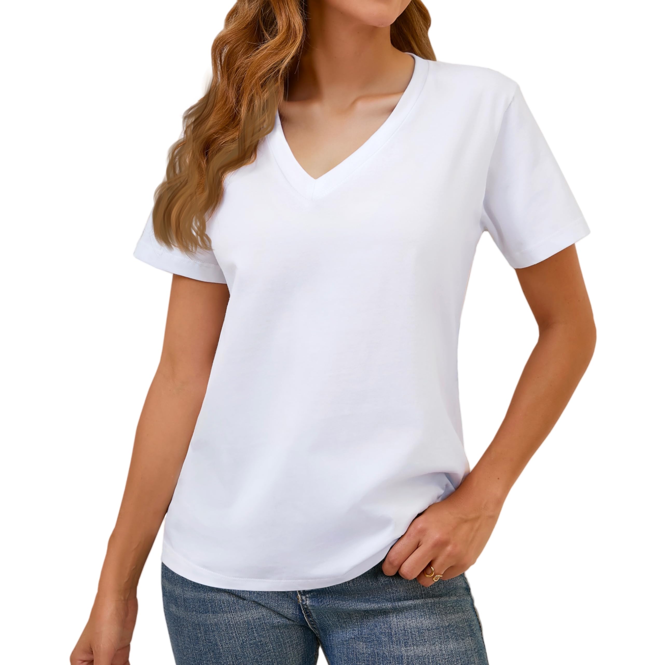 Photo 1 of 100% Cotton White V Neck Short Sleeve T Shirts for Women, Plain T-Shirt?Basic Tees