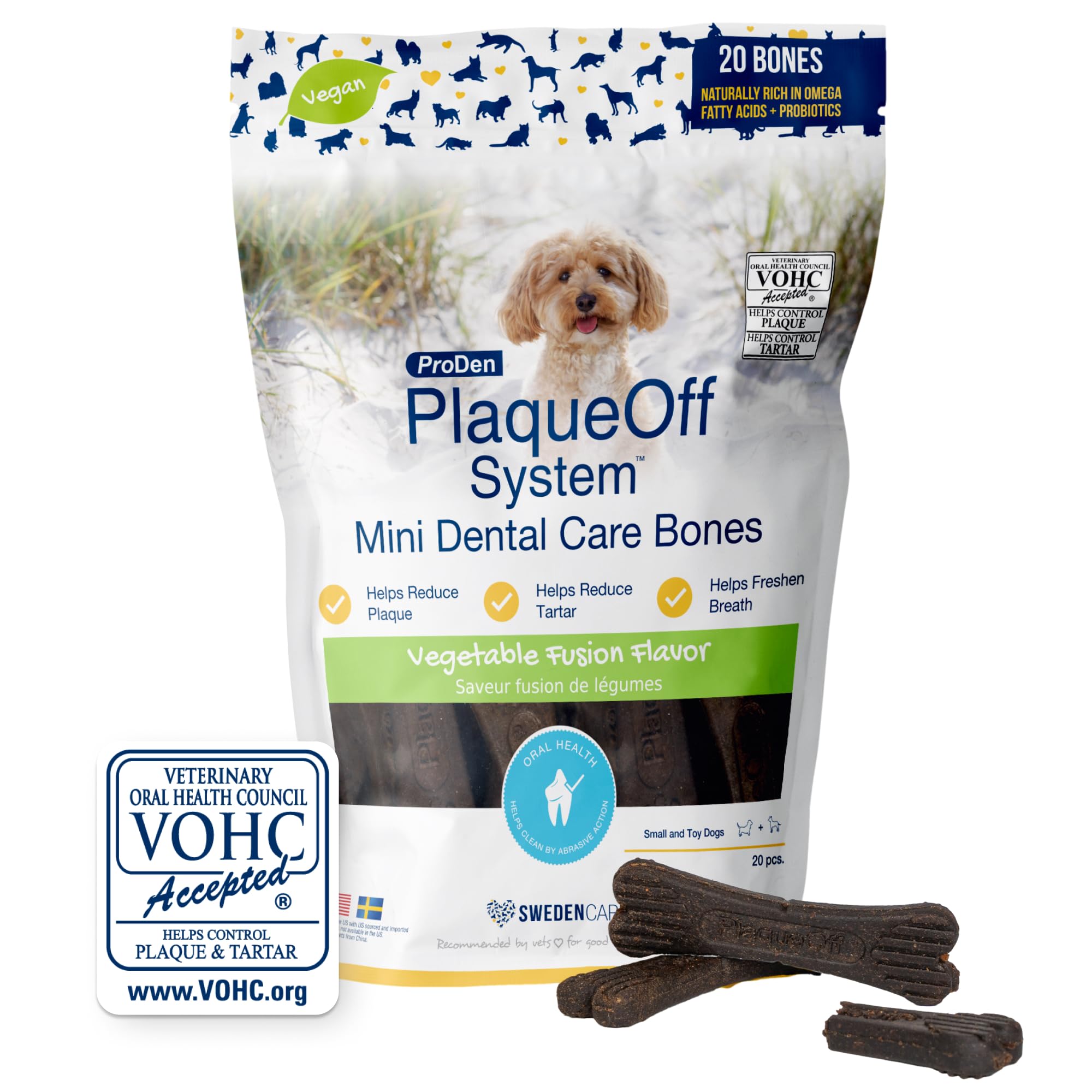 ProDen PlaqueOff 20 Mini Dental Bones for Small & Toy Dogs Tartar, Plaque, & Bad Breath Remover, Improves Overall Oral Health (Vegetable Fusion)