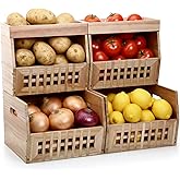 AceOrbit 6 Pack Wood Pantry Storage Bins 4 Wooden Storage Bins with 2 Wooden Tray Lids Multipurpose Open Front Stackable Organization Set for Kitchen or Pantry and Fruits Vegetables, Potato & Onion