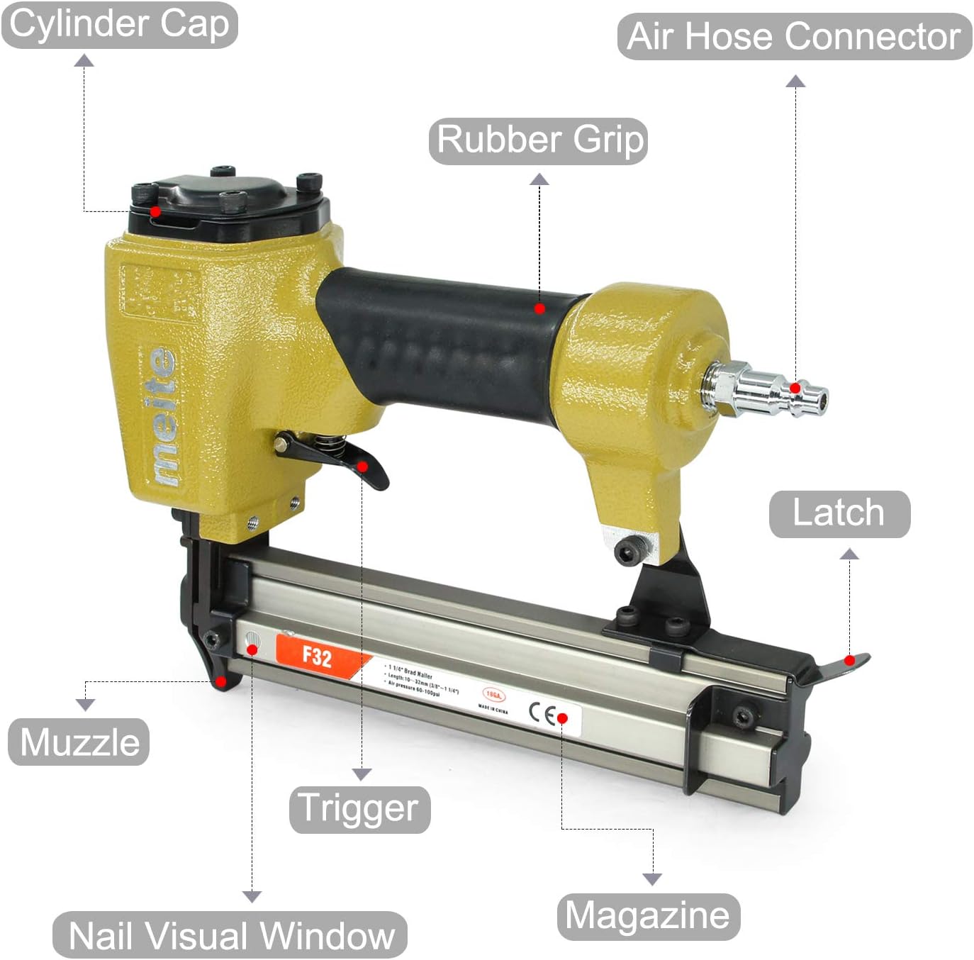F32 Air Brad Nail Gun, 18G 10-32MM Brad Nails, Pneumatic Finish Nailer for Woodworking Home Improvement, Yellow - Image 4