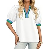Tankaneo Womens Color Block Puff Sleeve Tops Dressy Casual V Neck Cotton Blouses Summer Loose Fit Tees Shirts