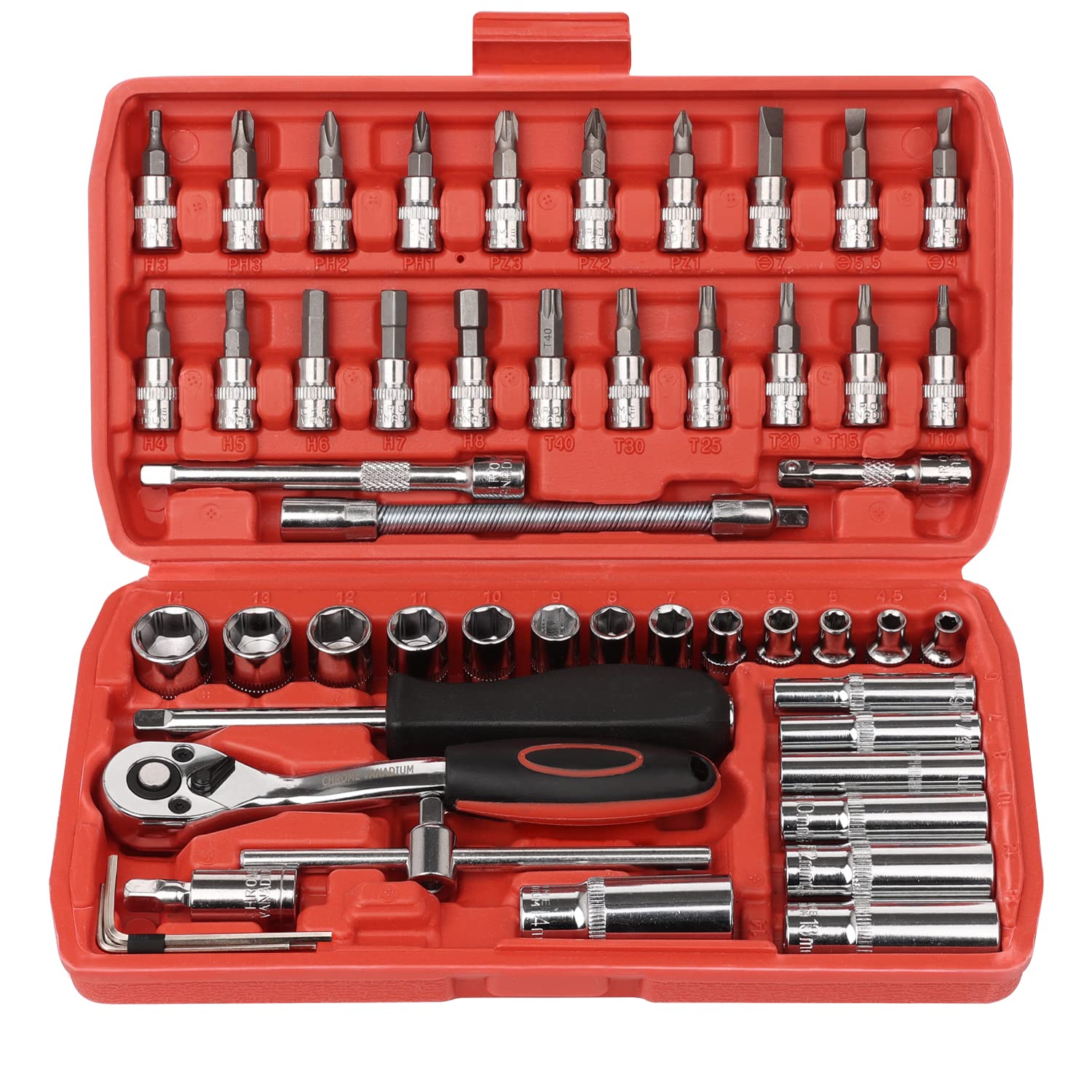 EGOFIX 53 Piece 1/4-inch Quick-Release Ratchets with 72-Tooth Pear Head Ratchet, with Bit Socket Set Metric and Extension Bar for DIY, Auto Repairing and Household, with Storage Case