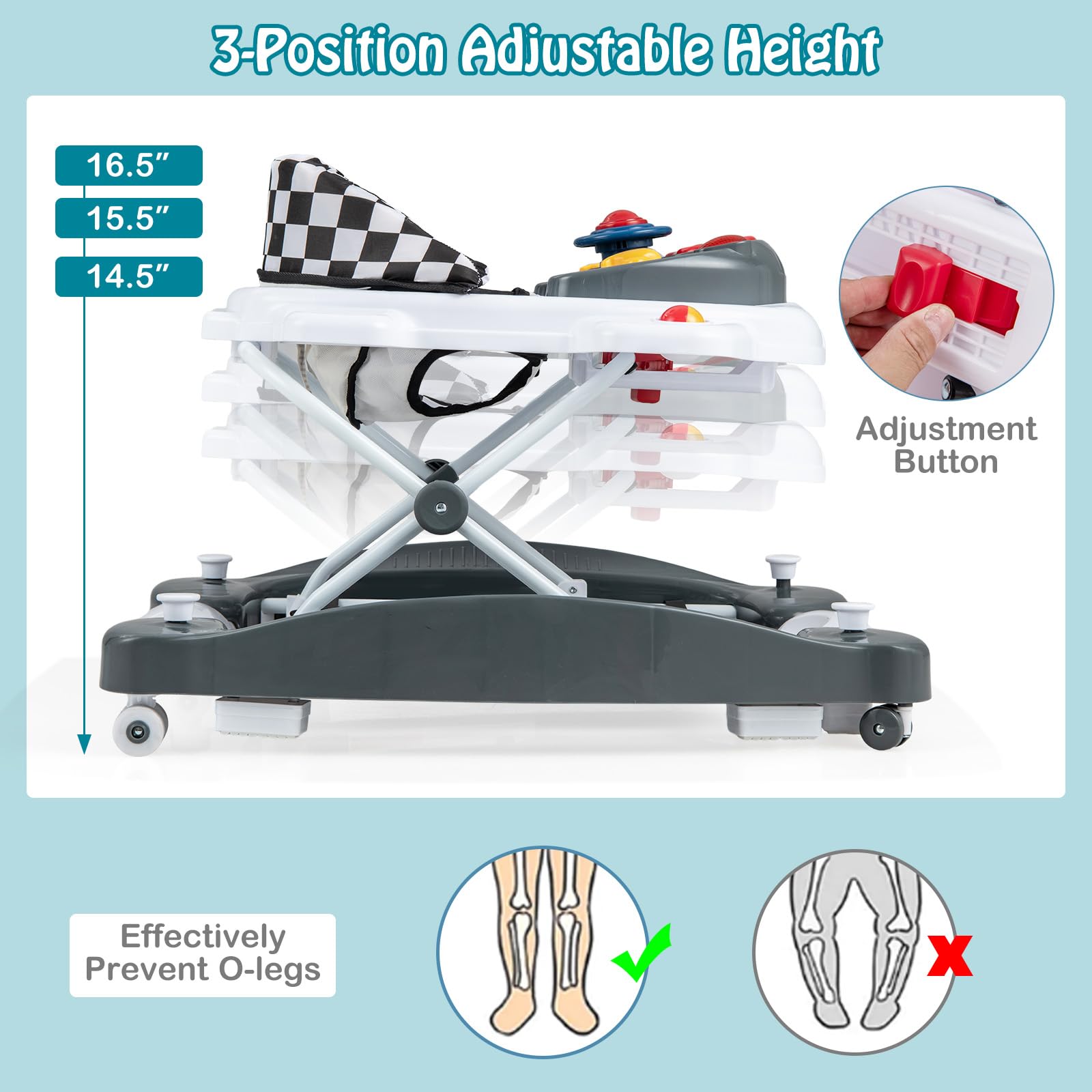 HONEY JOY Baby Walker, 6-in-1 Foldable Baby Walker and Bouncer Combo, Infant Activity Walker with Wheels, Adjustable Heights, Rocker, Music, Lights, Walker for Baby Boy Girl 7-14 Months (Gray)