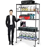 YNN Storage Shelves,1750Lbs 5 Tier Heavy Duty Metal Rolling Shelving Unit with Wheels & 8 Hooks, Adjustable Garage Wire Rack for Kitchen, Bathroom,Industrial,Pantry(36" W x 14" D x 72" H,Black)
