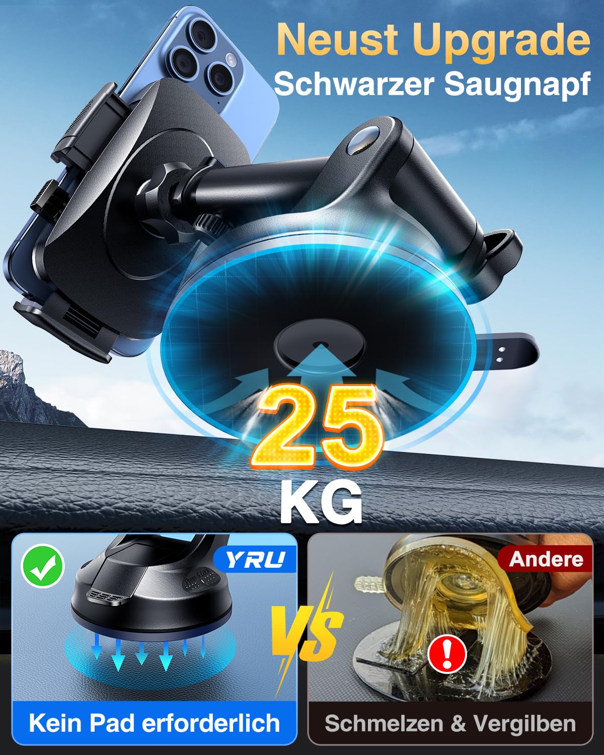 [2026 Militär-Klasse] YRU Handyhalterung Auto Handy Halterung Auto [Stärkst Saugnapf & Clip] Universal Auto Handyhalterung Armaturenbrett Scheibe Lüftung für iPhone 17 Pro 16 Samsung S25 ultra Schwarz 5