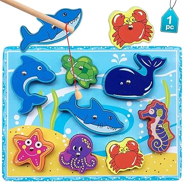 Party Propz Set of 1 Magnetic Fishing Game Toddler Wooden Toys Preschool Alphabet Fish Board Games for 2 3 4 Year Old Girls Boys Kids Birthday Learning Education Math Toys with Magnet Poles