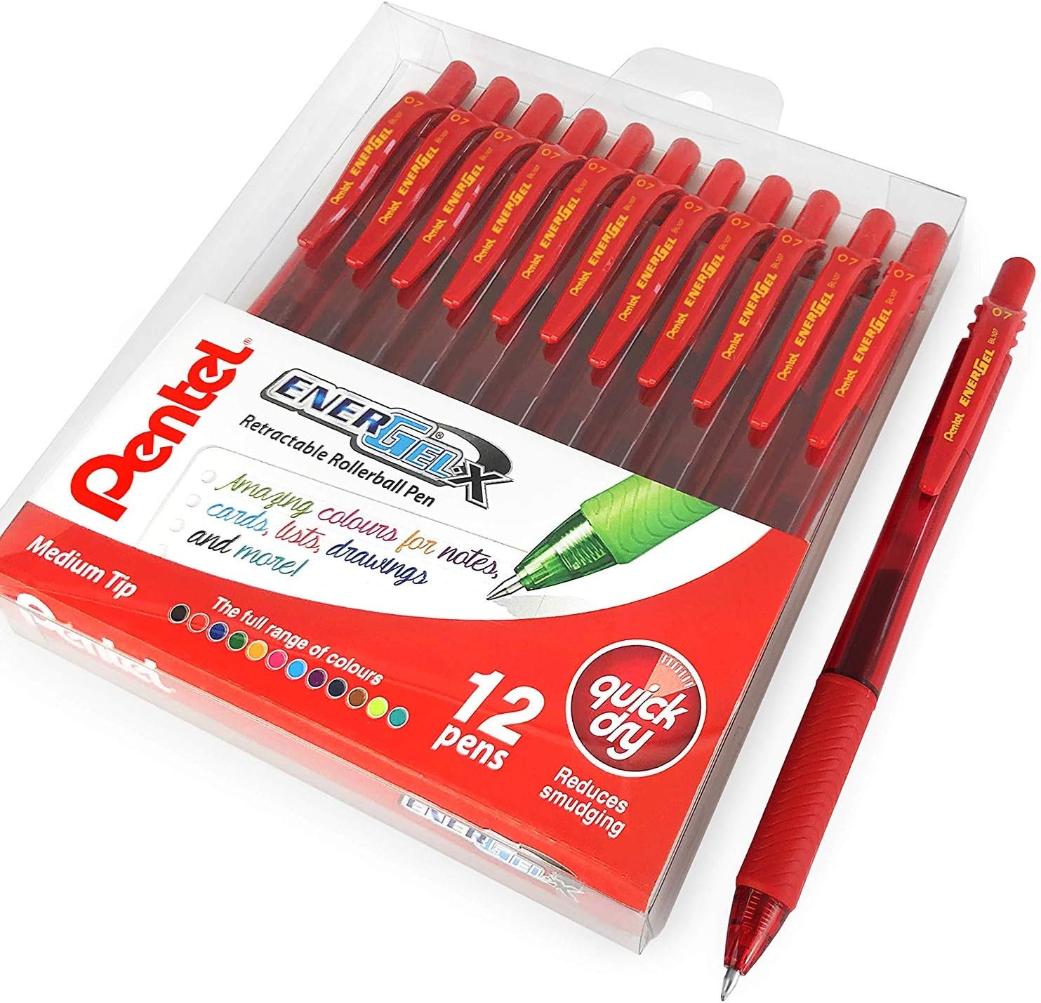 Pentel - Energel X BL107 Retractable Gel Rollerball Pens - 0.7mm - Red - Pack of 12 in Envelope Gift Packaging