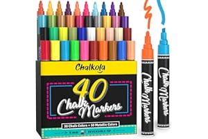 Chalkola Chalk Markers - Pack of 40 (Neon, Pastel & Metallic) Liquid Chalk Pens - For Chalkboard, Blackboard, Window, Labels, Bistro, Glass, Car, Board - Wet Wipe Erasable Ink - 6mm Reversible Tip