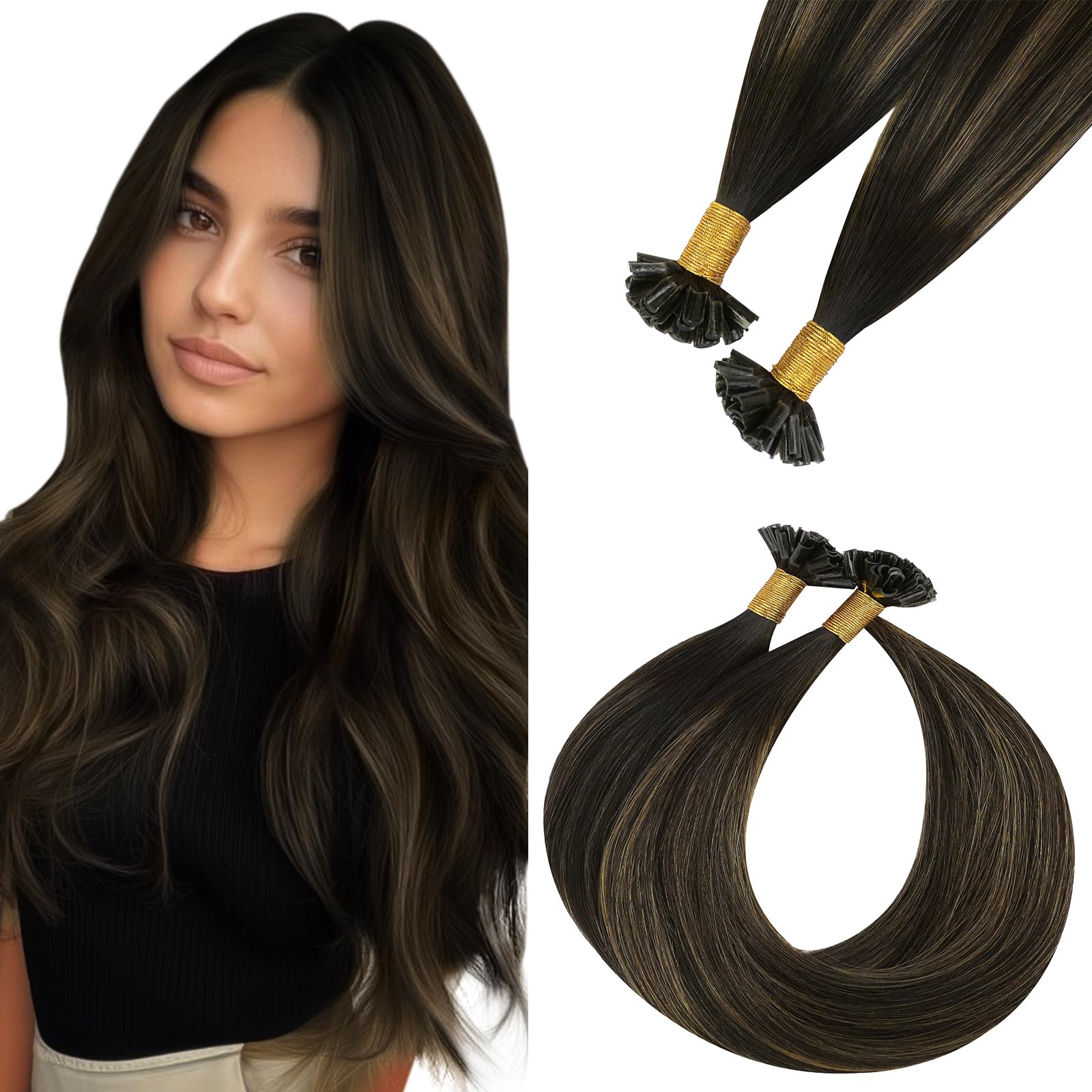 Easyouth Balayage U Tip Hair Extensions Real Human Hair Brown Nail Tip Hair Extensions Human Hair Darkest Brown to Light Brown Ombre U Tips Human Hair Extensions 16 Inch 50g/50s — image 1