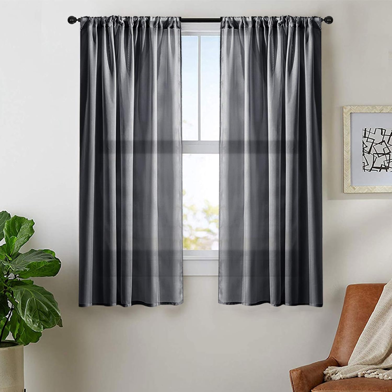 MRTREES Short Sheer Curtains Black 45 inches Long Sheers Kitchen