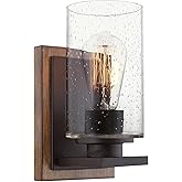 Kira Home Sedona 9" Modern Rustic Wall Sconce + Seeded Glass Cylinder Shade, Oil Rubbed Bronze + Wood Style Walnut Finish