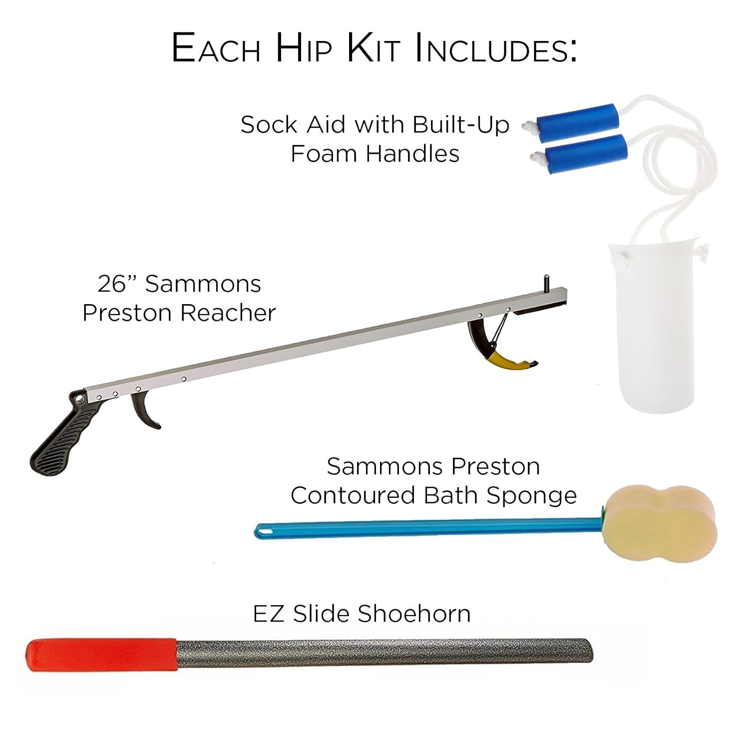 Sammons Preston Hip & Knee Care Kit, Recovery Kit for Hip or Knee Replacement Surgery, Assorted Daily Living Tools Including Sock Aid, Bendable Sponge, 24" EZ Slide Shoehorn, 32" Reacher Tool: Industrial & Scientific