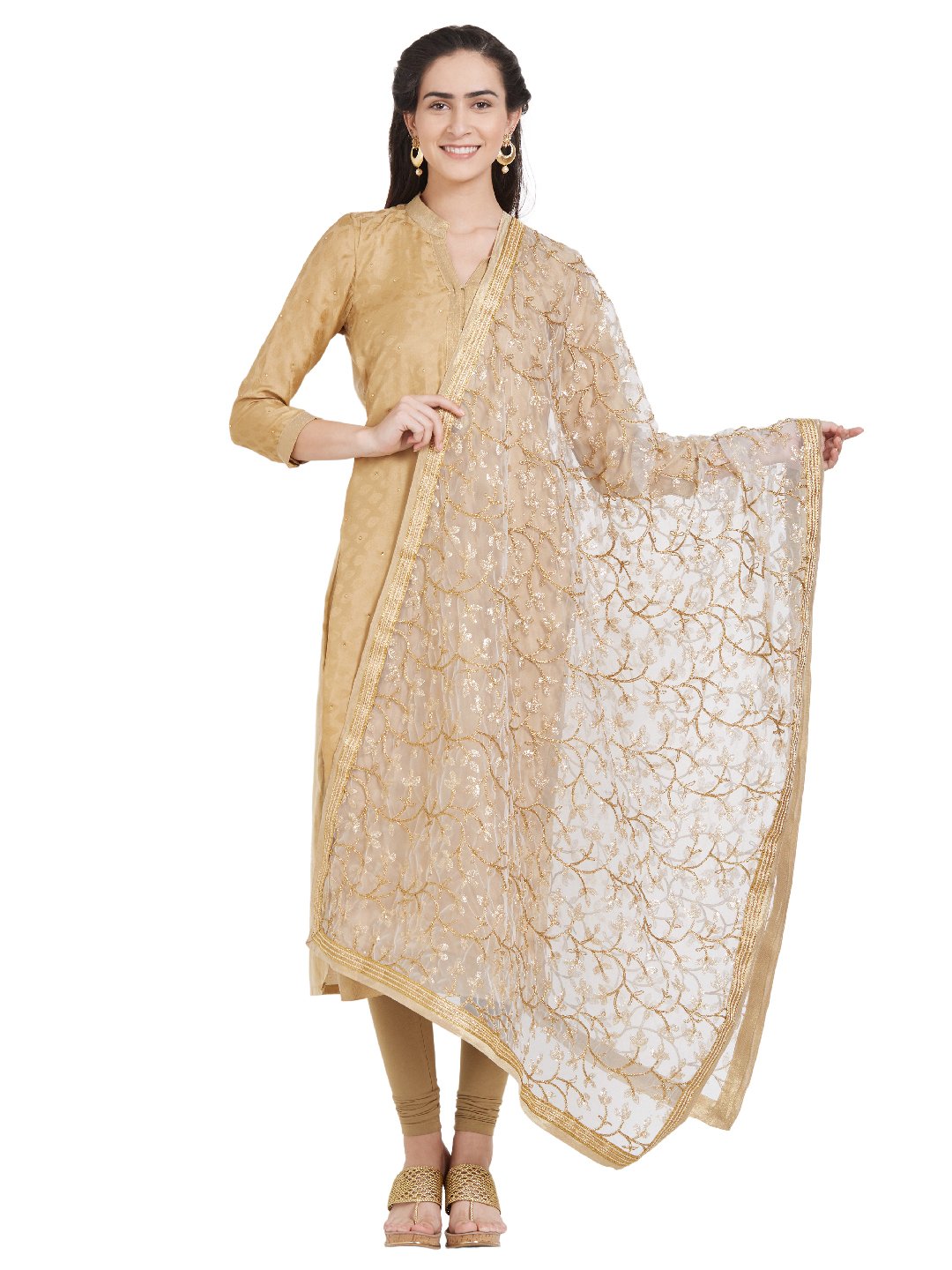 DUPATTA BAZAAR Woman's White & Gold Embroidered Net Dupatta Free size
