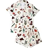 FUVYKOL Women's 2 Piece Cowboy Boots Pajama Sets Sleepwear Short Sleeve Button Down Nightwear Lounge Sets