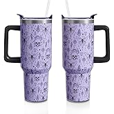 Aokoyi Halloween Goth Skull 40oz Tumbler Cup with Handle and Straw, Witch Moth Gifts for Women Girls, Holiday Stainless Steel Insulated Water Bottle 1PC