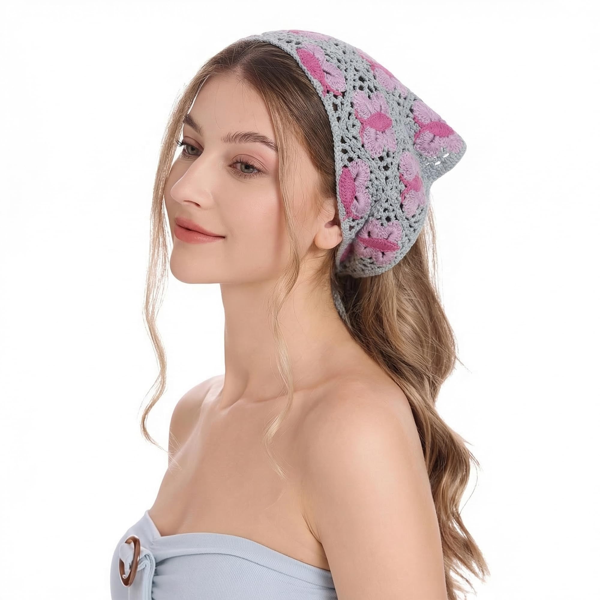 ZLYC Women Cotton Triangle Headband Crochet Hair Bandanas Handmade Kint Turban(Butterfly Blue),One Size