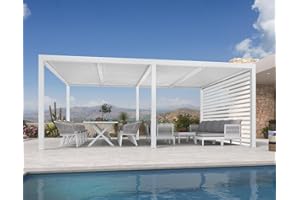 PURPLE LEAF Louvered Pergola 14' x 20' White Outdoor Aluminum Pergola with Roller Blind Adjustable Gazebo Rainproof for Patio Deck Garden, 1 Short Side