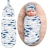 Sharks Ocean Beach Fish Funny Blue Newborn Swaddle Blanket Baby Stuff Baby Swaddling Blanket with Beanie Set Soft Sleeping Sack for Unisex Girls Boys