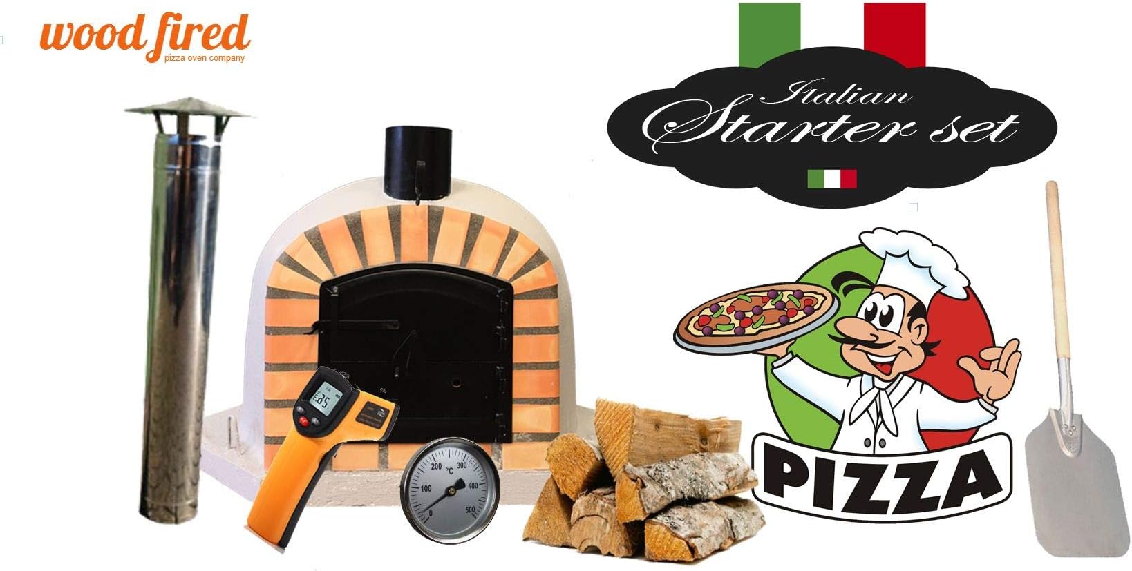 Grey Deluxe Corner Extra Wood Fired Pizza Oven Starter Kit, Orange Arch, Black Door, 100cm x 100cm