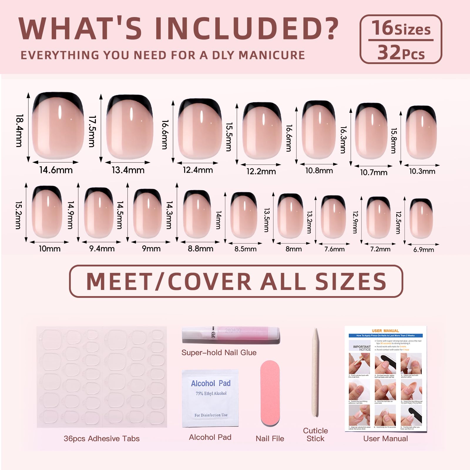 CUZIAM Press On Nails Black French Tip, 32pcs 16 Sizes Short Square Press on Nails for Women Girls, Natural Nude Stick on Nails Reusable Glossy Soft Real Salon Manicure with Nail Glue-Black French - Image 6