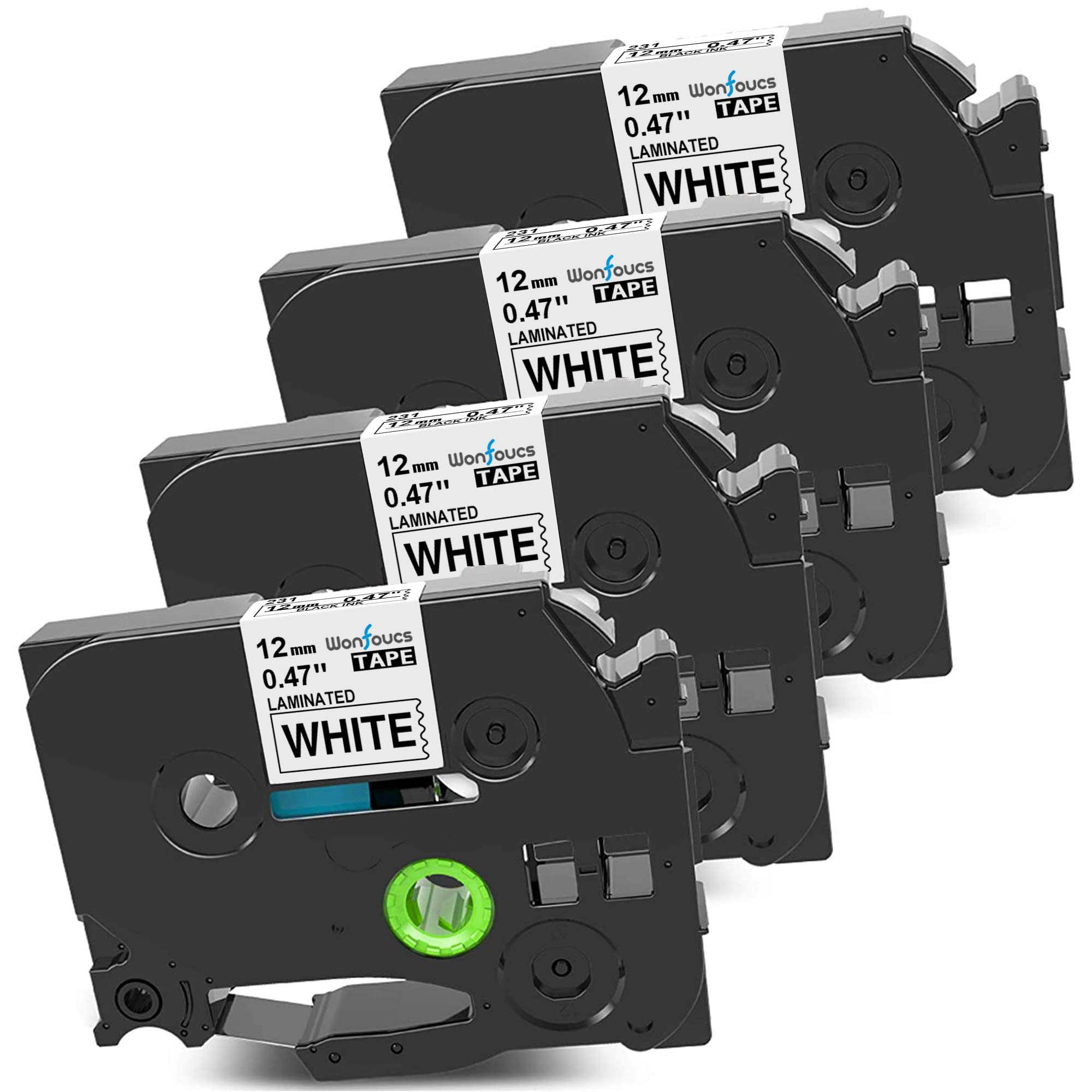Wonfoucs Compatible Label Tape Replacement for Brother TZe TZ Tape 12mm 0.47 inch Laminated White Brother PTouch Label Maker Tape TZe-231 Work with Brother P-Touch PT-D210 PTH100 PT-1880 4 Pack