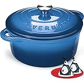 Overmont Enameled Cast Iron Dutch Oven - 7QT Pot with Lid Cookbook & Cotton Potholders - Heavy-Duty Cookware for Braising, Stews, Roasting, Bread Baking blue