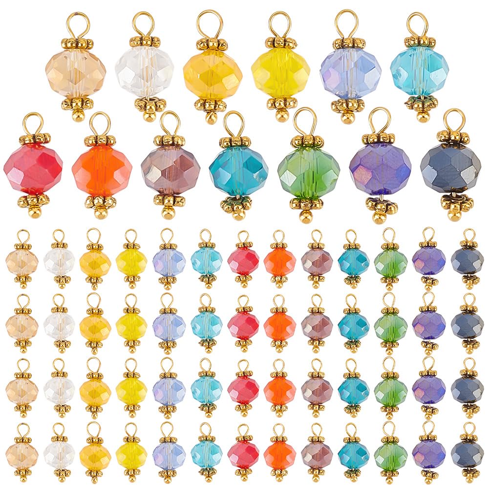 HOBBIESAY 100 Pcs 8.5mm Glass Bead Dangle Charms Random Mixed Colors Pendant Double Holes Links Connectors Craft Supplies for DIY Necklace Bracelet Jewelry Making Findings,Hole:1.7-2.5mm