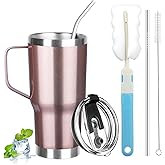 GUDEMAO 20 oz Tumbler with Handle, Stainless Steel Insulated Tumbler with Lid and Straw, Double Wall Vacuum Coffee Mug Tumbler, Insulated Coffee Thermal Cup for Cold and Hot (Rose gold)