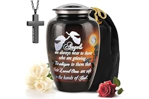 LIFAG Handcrafted Large Urn for Ashes Adult Male & Female with Angel Quote, Cross Necklace & Velvet Bag | Funeral Cremation Urns for Human Ashes Adult Man | Decorative Memorial Burial Urns up to 220 lbs