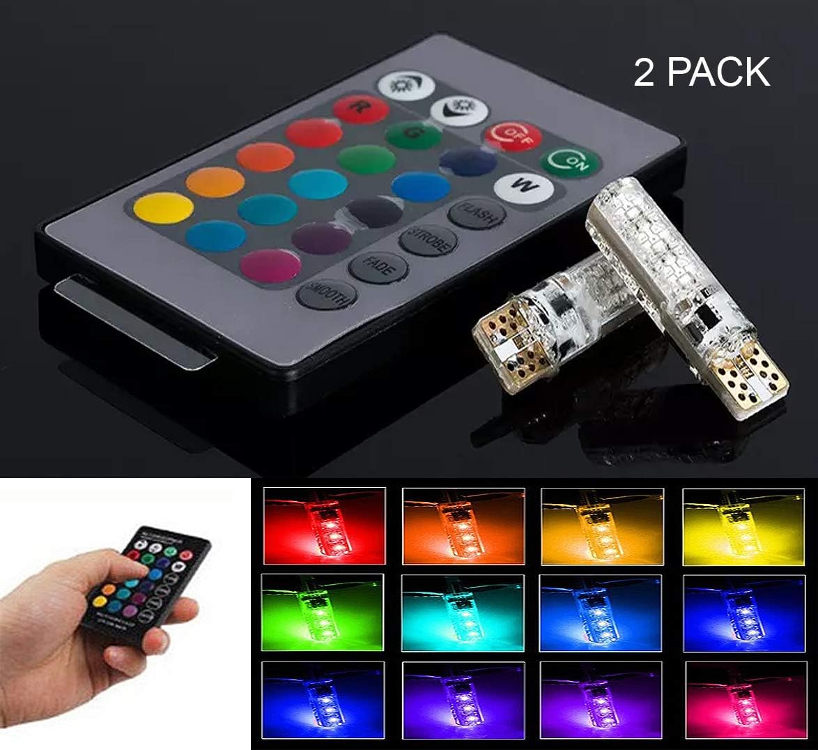 ICBEAMER 2 pkg T10 168 194 Car Interior RGB LED Tail Light Bulb W5W Marker Remote Control Dome Wedge License Plate