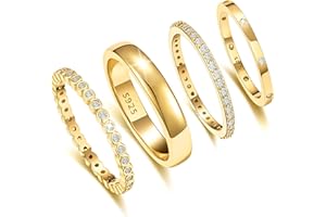EXGOX 4PCS Silver Rings for Women 925 Sterling Silver Rings Stackable Gold Rings for Women Non Tarnish Dainty 14K Gold Plated Cubic Zirconia Ring Set Thumb Band Rings Promise Wedding Engagement Rings