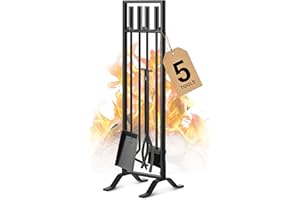 Gtongoko Premium 5 Pcs Wrought Iron Fireplace Tools Set for Outdoor/Indoor,Fire Place Set Tools Include Poker,Tongs, Shovel,Brush and Stand Accessories Set,Black