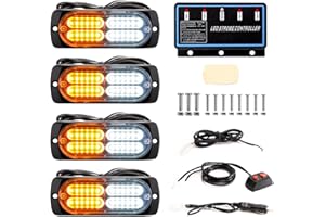 BooYu 4-pcs Sync Feature LED Emergency Strobe Lights Ultra Slim Grille Surface Mount Flashing Warning Hazard Light Bar w/Controller for Construction, Firefighter, Trucks, Vehicles, Car (Amber/White)