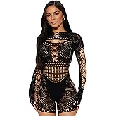 KIZOIEJE Women's Sexy Long Sleeve See Through Hollow Out Sheer Ultra Stretchy Mesh Bodysuit