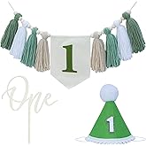 High Chair Banner First Birthday Decorations for Boy, Wood Bead Tassel Garland Banner for Baby 1st Party, Green Boys First Birthday Hat with One Cake Topper