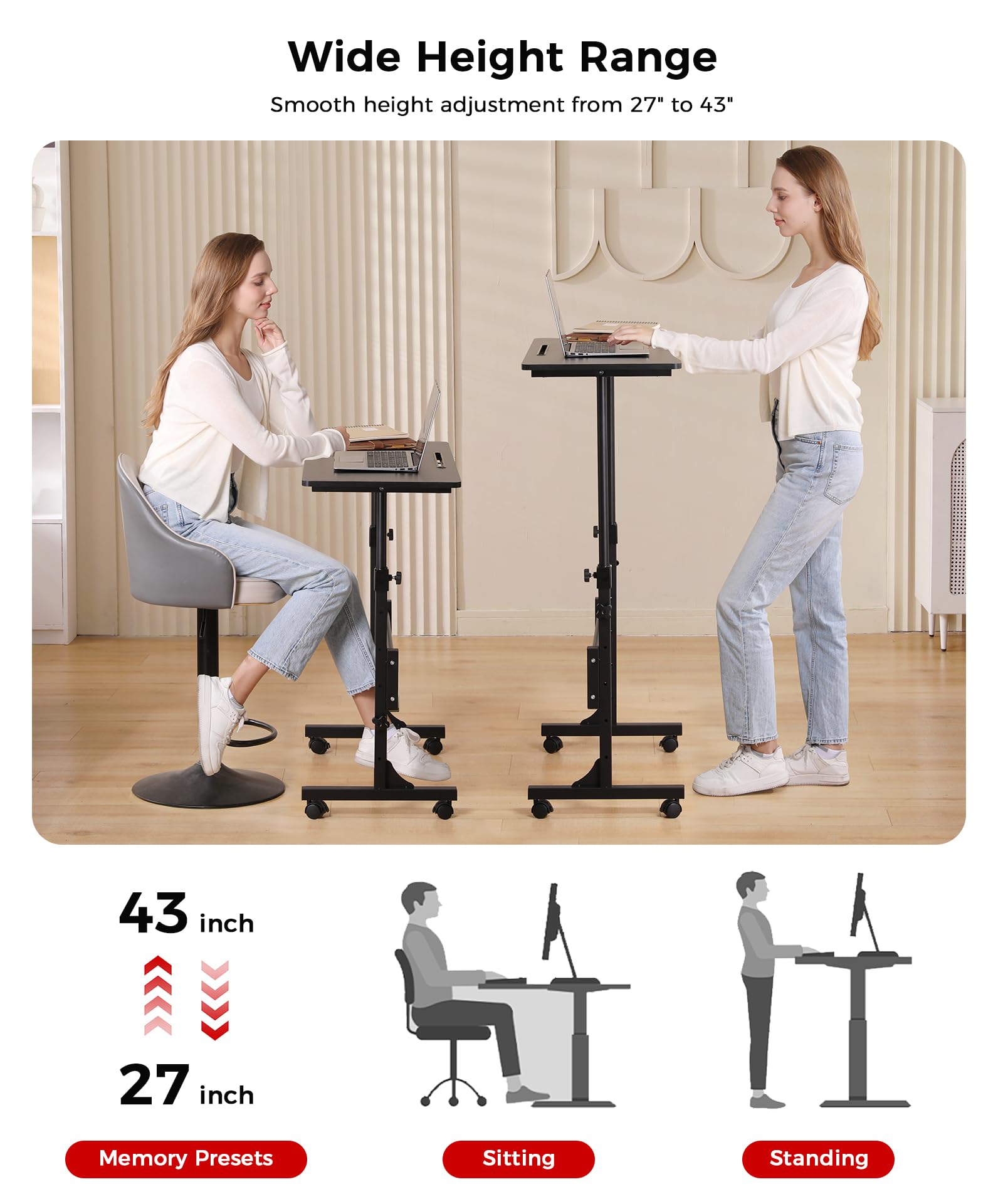 Escritorio de pie de altura ajustable, escritorios móviles con ruedas, escritorio pequeño para computadora, escritorio portátil, mesa de pie negra, soporte para sentarse, escritorios de oficina en casa, 16 x 31,5 pulgadas, altura 27 a 43,5 pulgadas