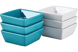 Bruntmor Ceramic Square Baking Ramekins For Soufflé, Crème Brulee, Jams, Dipping Sauces, French Onion Soup Oven Safe, Appetizer Sauce Dipping Bowls, (4 Oz, Set Of 6), serving bowls White & teal