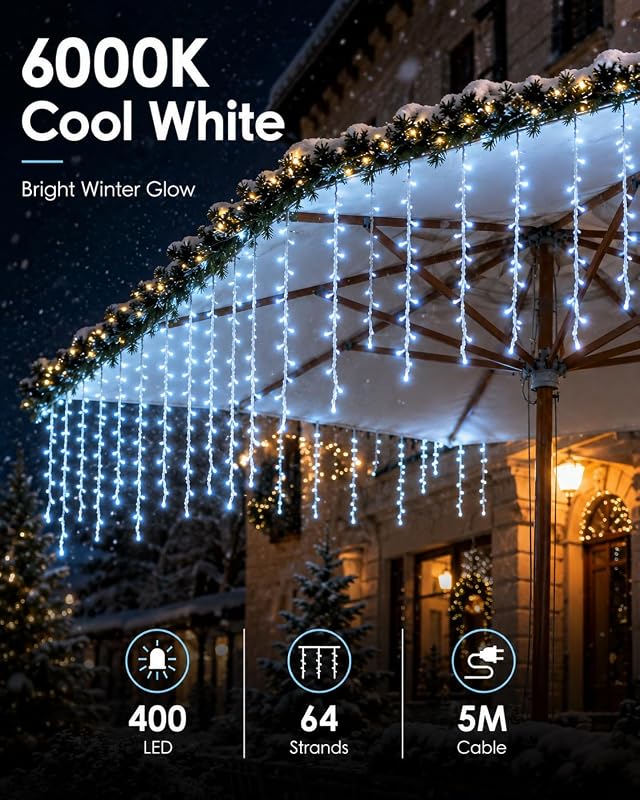 Guirlande Noël Exterieur 10m 400 LED, Rideau Lumineux Exterieur Blanc Froid,8 Modes avec Télécommande RF, Minuterie, 4 Niveaux de Luminosité, Idéal pour Jardin, Patio, Fête Noël [Classe énergétique E] — photo 6 sur 7