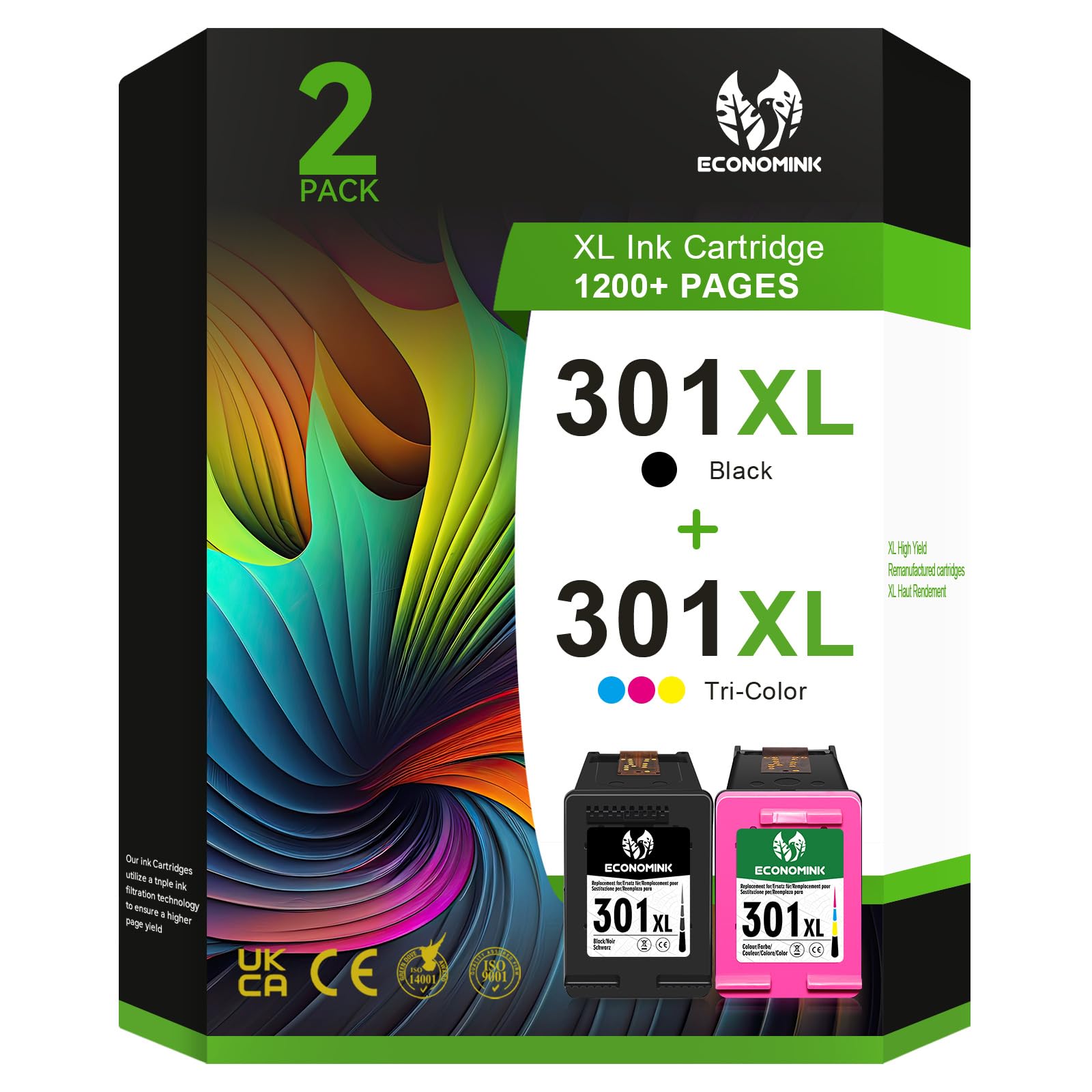 301XL Ink Cartridges Black and Colour – Compatible with HP 301, Remanufactured Combo Pack, High Yield & Vivid Printing for DeskJet 1050 1510 2050, OfficeJet 2620 4630, Envy 4500 5530